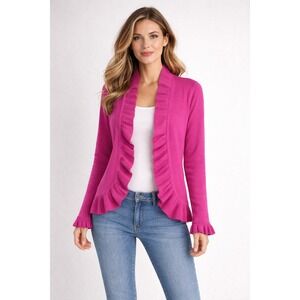 McCulleys Pink 100% Cashmere Ruffle Open Front Cardigan Size M Scotland